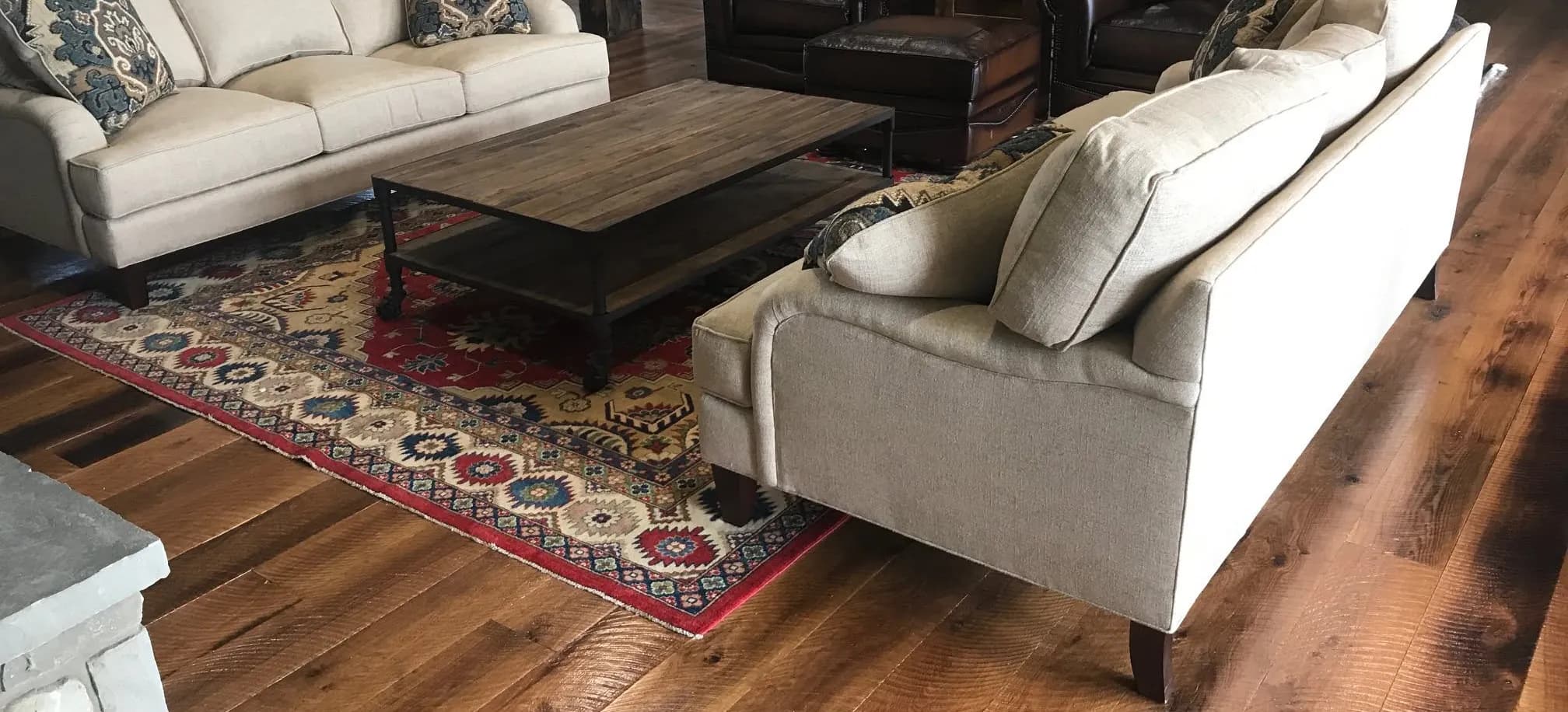 Reclaimed White Oak — Barn and industrial white oak — silvered, dense, quartersawn figure.